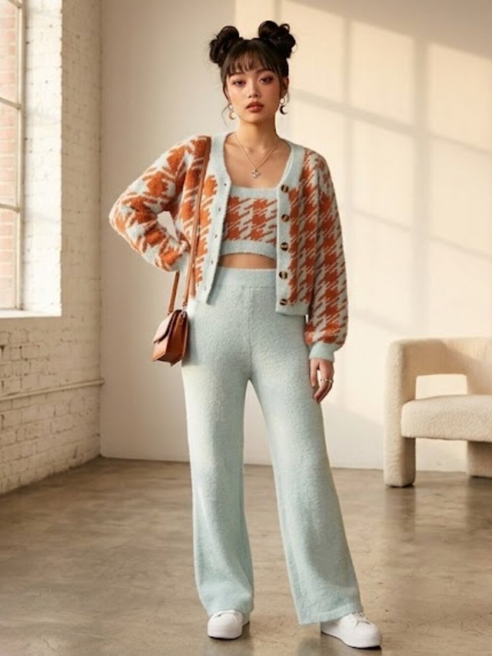 Clueless Style Light Blue & Rust Knit houndstooth cardigan and Cropped Tank Set